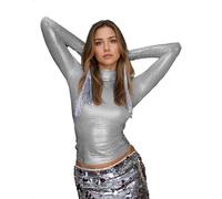 EMOTTOS Crop Top Metálicos para Mujer, Y2K Camiseta Corto Sexy de Lentejuelas Brillante Tops Ajustada Manga Larga, Cuello Alto Club Party Outfit de Fiesta Otoño Invierno tee, Plateado, M