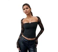 EMOTTOS Crop Tops Y2K para Mujer, Sexy, Semitransparente, Encaje, Malla Calada, Patchwork, Manga Larga, Corte Ajustado, Escote Cuadrado, elástico, Camiseta Corta, Fiesta, Festival, Negro, L