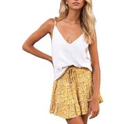EMOTTOS Falda Corta Acampanada para Mujer, Sexy Boho Mini Falda Plisada de Cintura Alta con Estampado Floral Elástico y Cordón de Ajuste Bohemia, Falda Flotante Floral, Amarillo, S