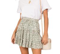 EMOTTOS Falda Corta Acampanada para Mujer, Sexy Boho Mini Falda Plisada de Cintura Alta con Estampado Floral Elástico y Cordón de Ajuste Bohemia, Falda Flotante Floral, Verde, S