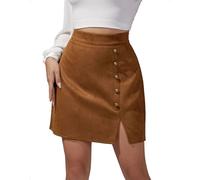 EMOTTOS Falda Corta Ante sintético Mujer lápiz Sexy Abertura Lateral Cintura Alta Envolvente Corte A Ajustado Cremallera Decorativa Botones metálicos Minifalda Cuero Fiestas, L, marrón