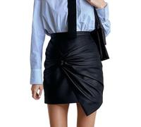 EMOTTOS Falda Corta Cuero Mujer, Envuelva la Cadera Retorcida Arrugas de Cintura Alta Ajustada Minifalda, A-Line Casual Cremallera PU Piel Sintética Mini Falda, M, Negro