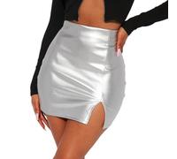 EMOTTOS Falda Corta de Color Metalizado para Mujer, Sexy Brillante Falda de Piel Sintética Alta Cintura Zip Hip Wrap Faldas Lápiz, A-Line Abertura Frontal PU Cuero Partido Mini Falda, Plateado, S