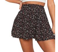EMOTTOS Falda Corta de Gasa Acampanada para Mujer, Boho Mini Falda Skater Plisada de Cintura Alta con Estampado Floral y Cremallera Invisible, Falda Floral Dobladillo Acanalado, Negro, L