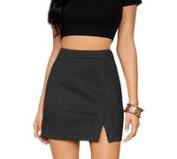 EMOTTOS Falda Cuero Mujer Corta de Ante de Imitación, Envuelva la Cadera de la Hendidura de Cintura Alta Ajustada Minifalda, A-Line Casual Cremallera PU Piel Sintética Mini Falda, M, Negro