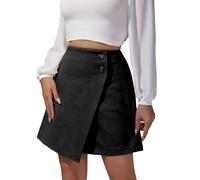 EMOTTOS Falda Cuero Mujer Corta de Ante de Imitación, Envuelva la Cadera Irregular de Talle Alto Ajustado Minifalda, A-Line Casual Cremallera Botón Embellishment Piel Sintética Mini Falda, S, Negro