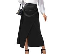 EMOTTOS Falda Larga de Satén para Mujer, Falda Plisada con Abertura Frontal Falda Midi, De Talle Alto Casual A Line Cremallera Falda Larga Tubo, Negro, M