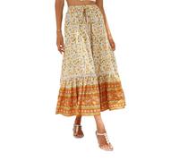 EMOTTOS Falda Larga Elástico Mujer, Faldas Largas Bohemio Cintura Alta Elegantes Abertura Frontal, Falda Flores Plisada Mujer Casual Verano con Tira Decorativa, Naranja S