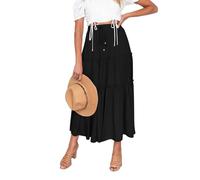 EMOTTOS Falda Larga Elástico Mujer, Faldas Largas Bohemio Cintura Alta Elegantes con Cordón, Falda Plisada Mujer con Volante en Colores Sólidos Casual Verano, Negro S