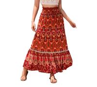 EMOTTOS Falda Larga Elástico Mujer, Faldas Largas Bohemio Cintura Alta Elegantes, Falda Flores Plisada Étnicos Mujer Casual Verano con Tira Decorativa, Rojo S