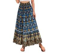 EMOTTOS Falda Larga Elástico Mujer, Faldas Largas Bohemio Cintura Alta Elegantes, Falda Flores Plisada Étnicos Mujer Casual Verano con Tira Decorativa, Azul L