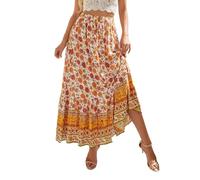 EMOTTOS Falda Larga Elástico Mujer, Faldas Largas Bohemio Cintura Alta Elegantes, Falda Flores Plisada Mujer Casual Verano con Tira Decorativa, Amarillo S