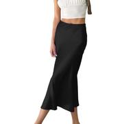 EMOTTOS Falda Larga Mujer, Envuelva la Cadera de Satén de Cintura Alta Vestido Midi Mujer, Casual Cremallera Una Línea Raso Flowy Midi Señoras Falda, L, Negro