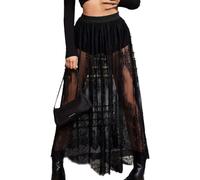 EMOTTOS Falda Larga Mujer Maxi Semitransparente Encaje Sexy 2 en 1 Malla Transparente Cintura elástica Alta línea A Tul con Pantalones Cortos Debajo, Ropa Festivales Salir Fiesta Negra Tallas M