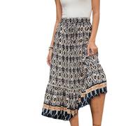 EMOTTOS Falda Maxi para Mujer de Verano, Falda Bohemia de Cintura Alta Cintura elástica Dobladillo Plisado Falda Larga Bohemia línea A Vintage Estampado Vintage cordón Decorativo para la Playa L