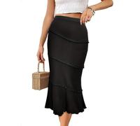 EMOTTOS Falda Midi Patchwork Cola de pez para Mujer, Sexy, con Fruncidos Ajustada Punto, Cintura Alta elástica, Envolvente, Corte A, Dobladillo elástico Fiestas y Discotecas, Negra, L