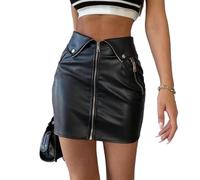 EMOTTOS Faldas Imitación Corta Cuero para Las Mujeres, Cremallera Elástico Falda Mini Dos Formas llevarlo, Dos Bolsillos Laterales Cremallera Alta Cintura Cadera Envoltura Falda lápiz, Negro, S