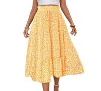 EMOTTOS Faldas largas de Verano para Mujer, Cintura Alta elástica, Dobladillo Suelto con Volantes, línea A, Bohemio, Vintage, Playa, cordón Decorativo, Falda Larga Plisada Amarillo, S