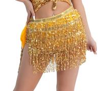 EMOTTOS Faldas Lentejuelas Falda con Borlas, Falda Flecos Mujer Falda Carnaval, Falda Brillantes Bufanda de Cadera para Danza del Vientre Rave Festival para Mujeres y Niñas (Oro)
