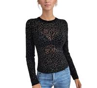 EMOTTOS Flocked Camiseta con Leopardo para Mujer, Cuello Redondo Animal Print Camisa, Y2K Slim Fit Elástico Tight Top Going out Clubbing Party para Las Niñas, Negro, S