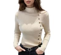 EMOTTOS Jersey de Punto por Cable para Mujer, Suéter Ligeros con Botón Lateral, Jerséis Tipo Jersey con Escote Medio Alto, Sudaderas de Estilo Vintage a Rayas para Mujer, Beige, M