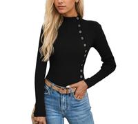 EMOTTOS Jersey de Punto por Cable para Mujer, Suéter Ligeros con Botón Lateral, Jerséis Tipo Jersey con Escote Medio Alto, Sudaderas de Estilo Vintage a Rayas para Mujer, Negro, XL