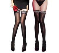 EMOTTOS Medias Alta de Para Mujer Medias 2 Piezas, Alta Medias con Brillantes de Encaje, Medias de Encaje con Silicona Antideslizante, 8 DEN Talla Unica, Negro + Negro