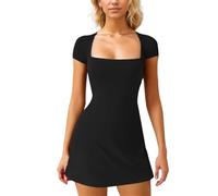 EMOTTOS Mini Vestido Corto de Mujer, Vestido Escotado con Cuello Corazón, Slim Fit Vestido Bodycon Manga Corta, Y2K Alto Elástico Tight Clubwear Cóctel Fiesta Partido Club, Negro, L