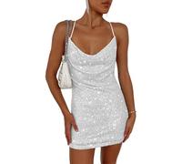 EMOTTOS Mini Vestido de Lentejuelas y Purpurina, Sexy Vestido Halter sin Espalda con Forro, Suave Vestidos Bodycon con Dobladillo, Brillante Vestidos Lápiz para Fiesta de Cóctel (Negro/Plata, S-XL)