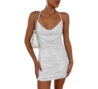 EMOTTOS Mini Vestido de Lentejuelas y Purpurina, Sexy Vestido Halter sin Espalda con Forro, Suave Vestidos Bodycon con Dobladillo, Brillante Vestidos Lápiz para Fiesta de Cóctel (Negro/Plata, S-XL)
