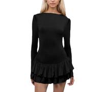 EMOTTOS Mini Vestido de Mujer Sexy, Elegantes Vestidos de Cóctel con Dobladillo de Volantes, Vestido Fiesta con Cuello Redondo, Vestidos de Swing para Clubbing Fiesta Cóctel Cumpleaños, Negro, L