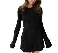 EMOTTOS Mini Vestido de Rayas Onduladas, Sexy Bodycon Vestidos con Cuello Redondo, Clubwear Corto Slim Fit Salir Casual Clubbing Fiesta Cocktail Cumpleaños para Señoras, Negro, L