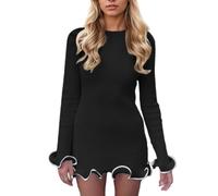 EMOTTOS Mini Vestido de Volantes para Mujer, Vestido Bodycon con Dobladillo de Volantes, Elegantes Vestidos de Cóctel con Mangas de Volantes, Casual Vestidos para Fiesta de Clubbing, Negro, S