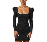 EMOTTOS Mini Vestido Ruched Sexy para Mujer, Vestido Bodycon Wrap con Mangas Abullonadas, Vestidos de Cóctel sin Espalda con Cuello en U, Vestidos Lápiz para la Fiesta de Cóctel, Negro, L