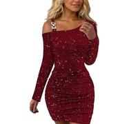 EMOTTOS Mini Vestido Sexy de Lentejuelas, Vestidos Going out Hombros Caídos con Hebilla Cuadrada Fuera del Hombro, Vestido Envolvente con Pliegue en la Cintura Club de Fiesta Ajustado, Rojo, XL