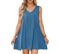 EMOTTOS Minivestido sin Mangas para Mujer, Vestido de Verano con Volantes y Bolsillos, Vestidos de Tirantes con Cuello en V y holgura.(Blue-L)