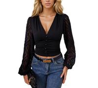 EMOTTOS Mujer Camisetas Manga Larga, Camiseta con Escote en V y Manga Farol Translúcida de Gasa Crop Top Y2K, Elegante Tops con Botones Decorativos, Top Fiesta para Mujer, Negro, L