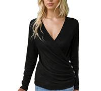 EMOTTOS Mujer Jersey de Cable Knitted, Jersey Punto de Mujer con Botones Laterales, Camiseta Sexy con Cuello en V, Camiseta de Punto Suave para el Invierno Otoño, Negro, S