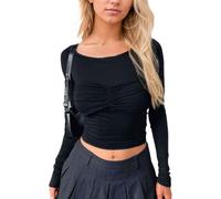 EMOTTOS Mujer Sexy Plisado Camisetas, Y2K Slim Fit Envoltura T-Shirt Cuello Redondo Camisa, Doble Forro Acanalado Manga Larga Camiseta Going out Clubbing Partido para Las Señoras, Negro, S