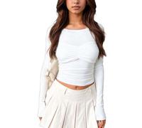 EMOTTOS Mujer Sexy Plisado Camisetas, Y2K Slim Fit Envoltura T-Shirt Cuello Redondo Camisa, Doble Forro Acanalado Manga Larga Camiseta Going out Clubbing Partido para Las Señoras, Blanco, M