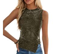 EMOTTOS Mujer Y2K Sparkly Tank Top, Cuello Alto Slim Fit Chaleco Micro-Bouncy Shimmer Tela, Sexy Glitter Chaleco Irregular Sin Mangas Ligero Stretchy Casual Señoras Fiesta de Verano Tops, Dorado, L