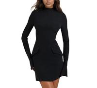 EMOTTOS Mujeres Ajustado Oficina Mini Vestido, Vestidos de Negocios con Bolsillos, Vestido Lápiz Bodycon con Mangas Acampanadas, Cuello Tortuga Vestido para Formal de Negocios de Oficina, Negro, L
