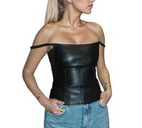 EMOTTOS Mujeres de Cuero Camiseta sin Mangas, Sexy PU Spaghetti Strap Chalecos de Corte Bajo, Y2K Slim Fit Sin Hombros Top con Correa Elástica, Noche Club Party Tshirts para Señoras, Negro, M