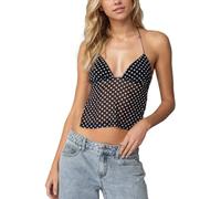 EMOTTOS Mujeres de Lunares Camiseta Sin Mangas, Sexy Ajustable Espaguetis Correa Halter Top, Camisetas de Malla con Sin Espalda, Y2K Slim Fit Cuello en V Tops de Encaje para Club, Negro, M