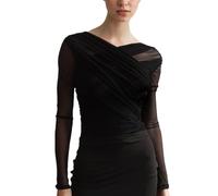 EMOTTOS Mujeres Envoltura de Malla Crop Top, Y2K Fuera del Hombro Sheer Tops Ruched Camisetas con Cuello en V, Camisetas Ajustado Club Party Diseño Transparente para Las Niñas, Negro, L