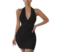 EMOTTOS Mujeres Mini Wrap Vestido, Sexy Sin Mangas Ruched Bodycon Vestidos con Cuello en V Profundo, Y2K Pliegues Halter Vestido sin Espalda, Alto Elástico Clubwear Cóctel Noche Club, Negro, XL