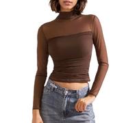EMOTTOS Mujeres Patchwork Sheer Malla Crop Tops, Sexy Ruched Encaje Top Cuello de Tortuga Camisetas, Slim Fit Top Salir de Fiesta Clubbing Camiseta Transparente, Marrón, S