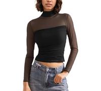 EMOTTOS Mujeres Patchwork Sheer Malla Crop Tops, Sexy Ruched Encaje Top Cuello de Tortuga Camisetas, Slim Fit Top Salir de Fiesta Clubbing Camiseta Transparente, Negro, S