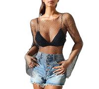 EMOTTOS Mujeres Rejilla Manga Acampanada Top, Ver a través Pulido Tela Suave Malla Transparente Tops Brillantes Diamantes imitación, Larga Glitter Fiesta Blusa Señoras Fiesta Verano Tops, Negro, M