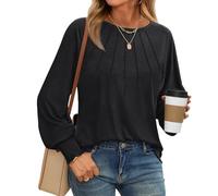 EMOTTOS Mujeres Ruched Línea Camisa, Casual Cuello Redondo con Volantes Borde Tops de Manga Larga, Blusa Suave con Dobladillo Suelto(Negro/Blanco, S-L)